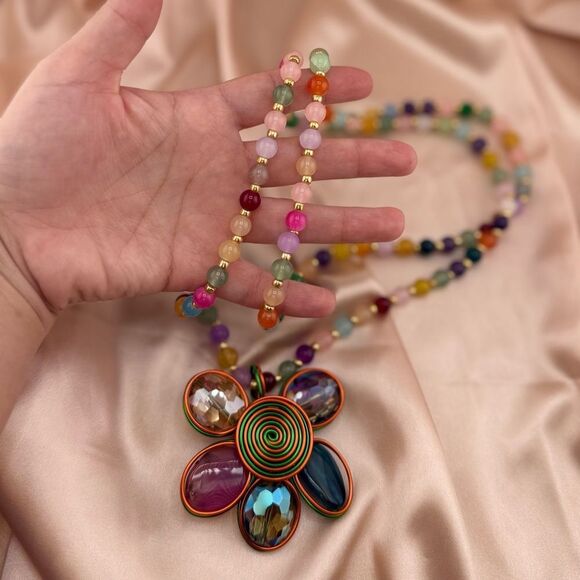Rainbow Beaded Flower Pendant Necklace – Bold, Colorful & Totally Joyful! - Picture 7 of 12